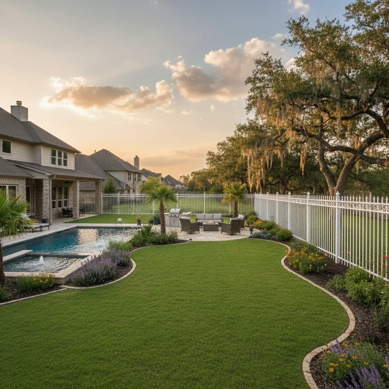 Garden concept with a curving path, clipped hedges, and layered flower beds